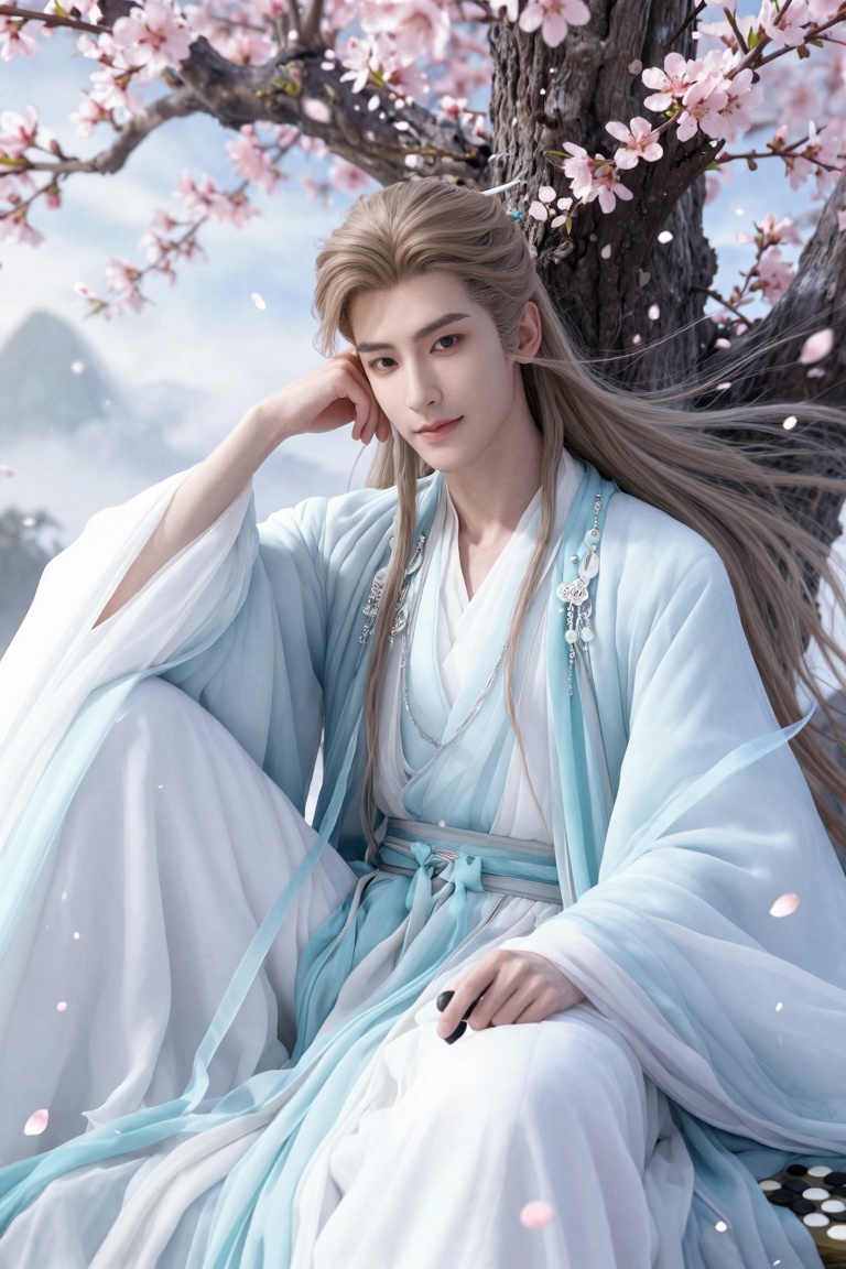 A handsome young ***** Chinese ancient-style male immortal,  elegant and ethereal appearance,  long light-brown hair flowi...