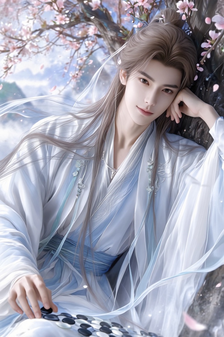 A handsome young ***** Chinese ancient-style male immortal,  elegant and ethereal appearance,  long light-brown hair flowi...
