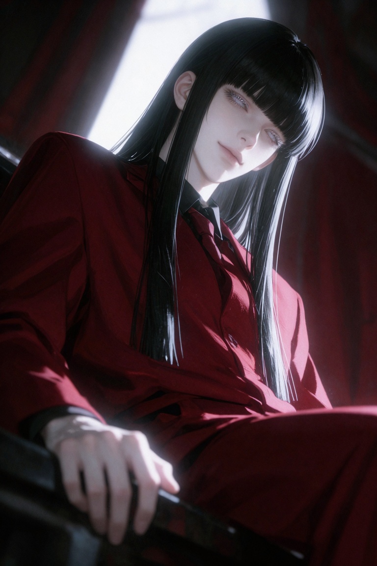 A digital illustration depicts a pale,  slender figure with long,  straight black hair and full bangs on Tensor.Art