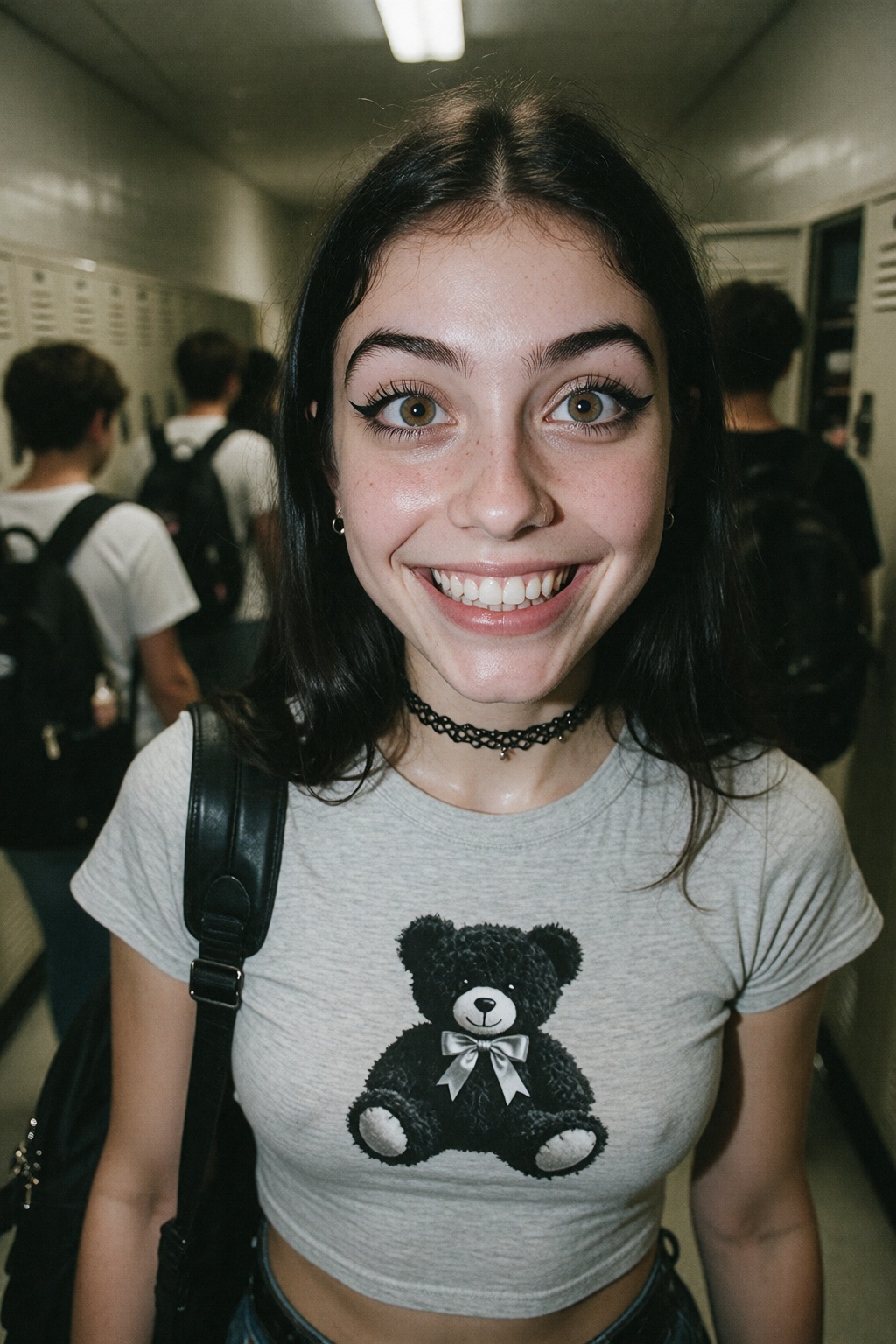 Document: Portrait. Cinematic photo shot,  fine film grain. Subject: A teenager 18 years old woman. Face/hair: Wide open e...