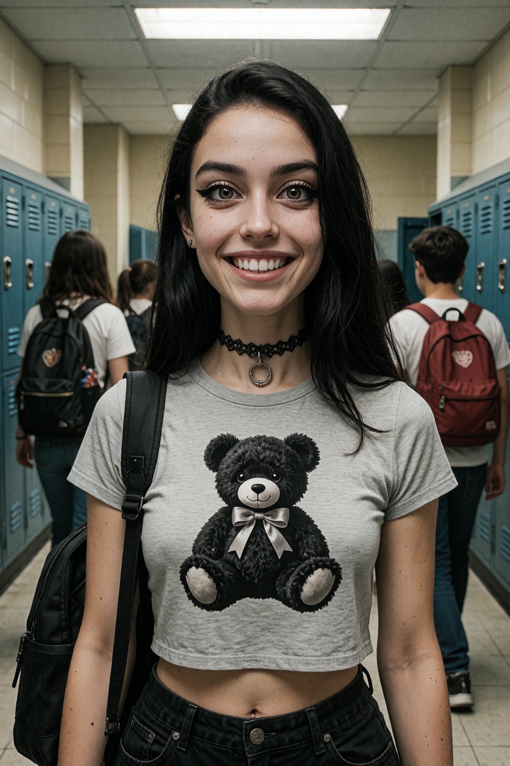Document: Portrait. Cinematic photo shot,  fine film grain. Subject: A teenager 18 years old woman. Face/hair: Wide open e...