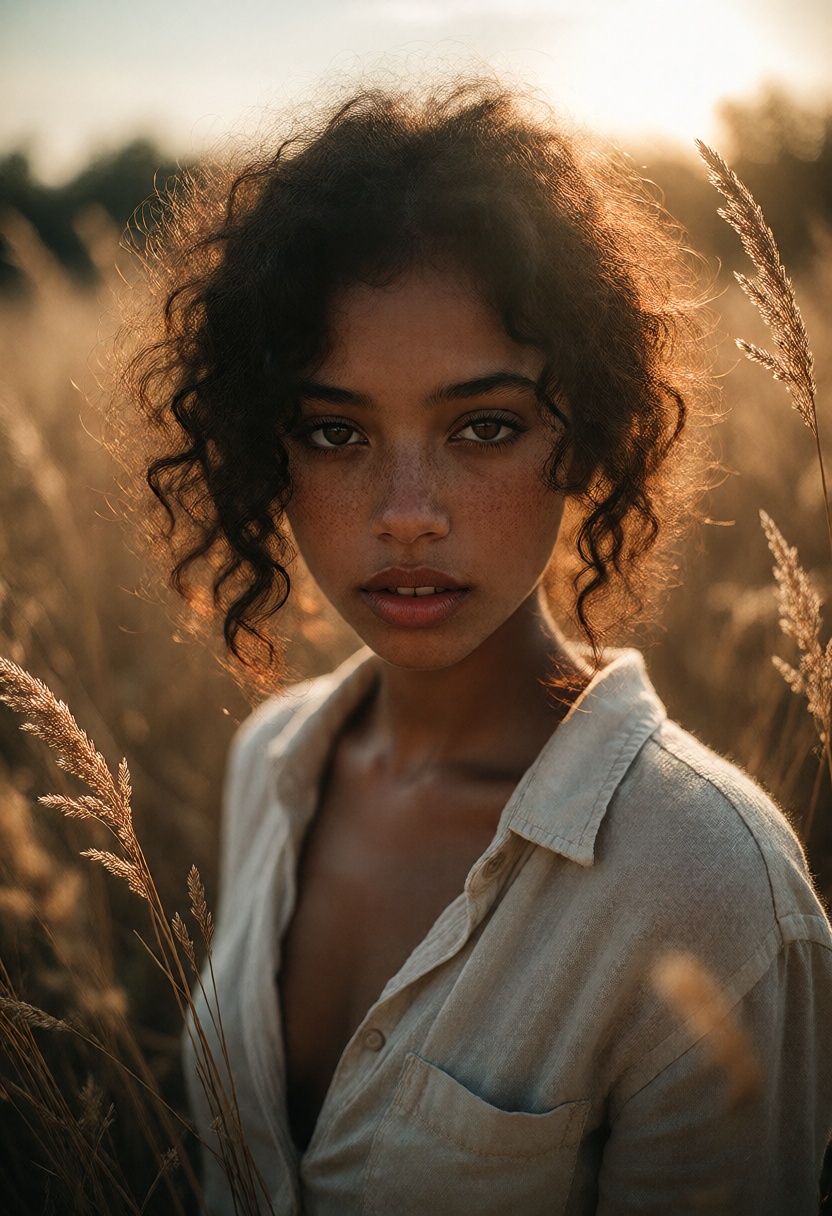a young woman with deep brown skin and tightly coiled black hair lit by late golden-hour sun,  freckles across her nose an...