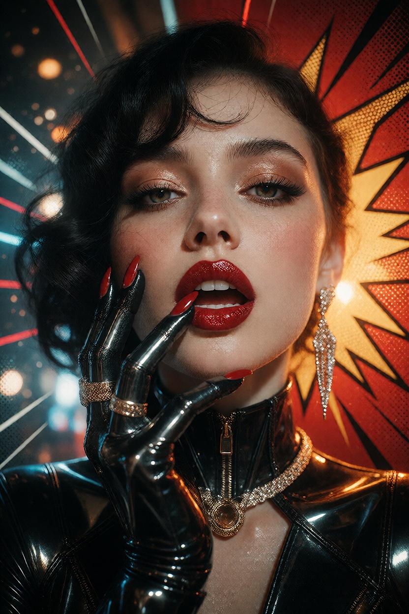 a glamorous portrait with bold lipstick and comic-book punch,  with polished metallic surfaces and elegant synthetic panel...