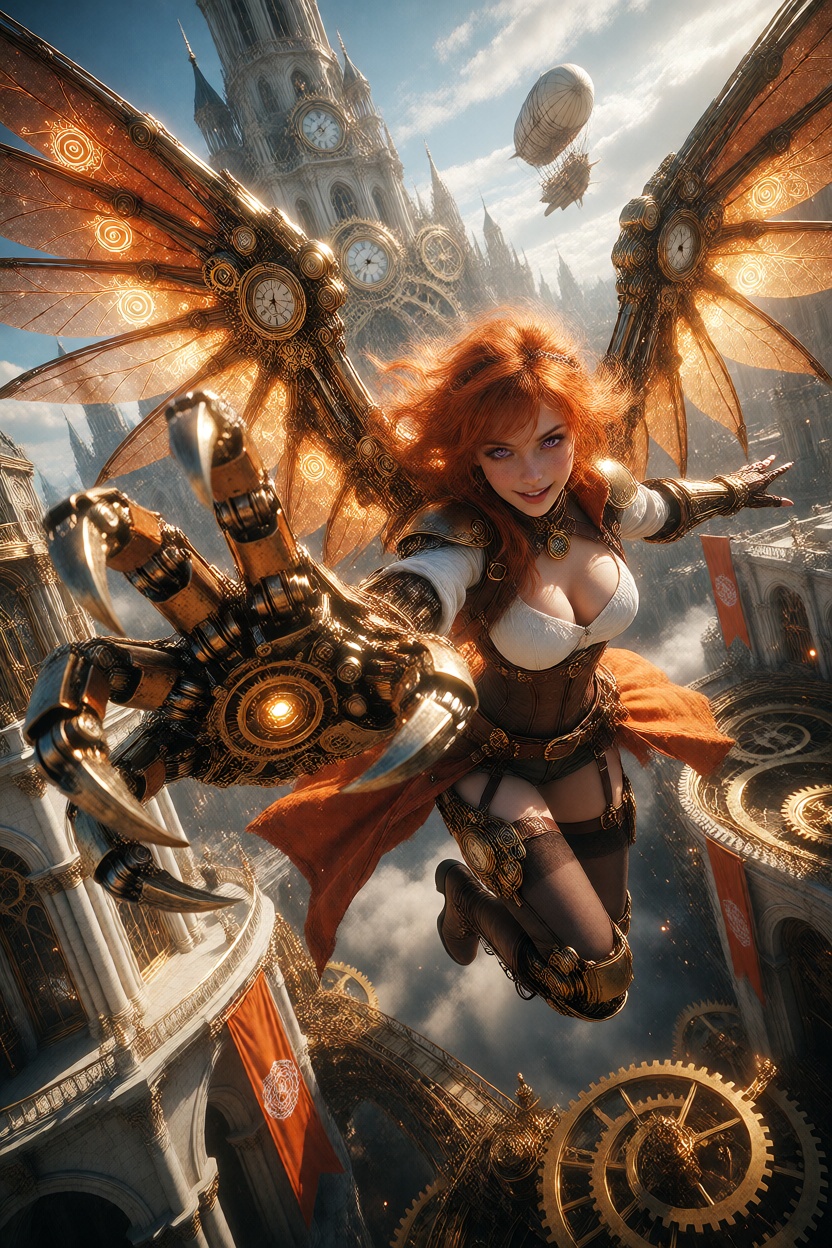 Create an extremely detailed,  vibrant 2D anime illustration of a beautiful ***** steampunk heroine flying through a magni...