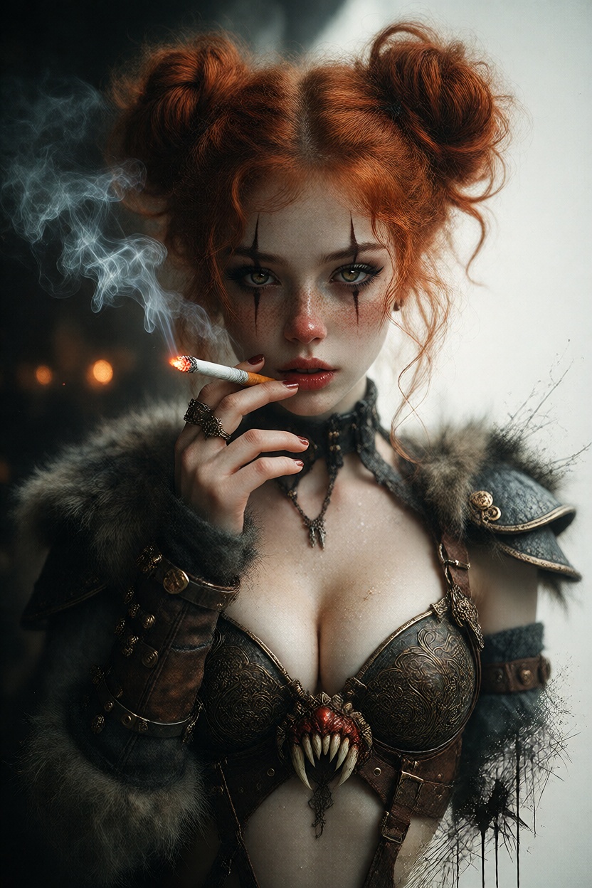 an old melancholic female clown smoking a cigarette,  with cool pale skin and striking contrast,  presented as a dramatic...