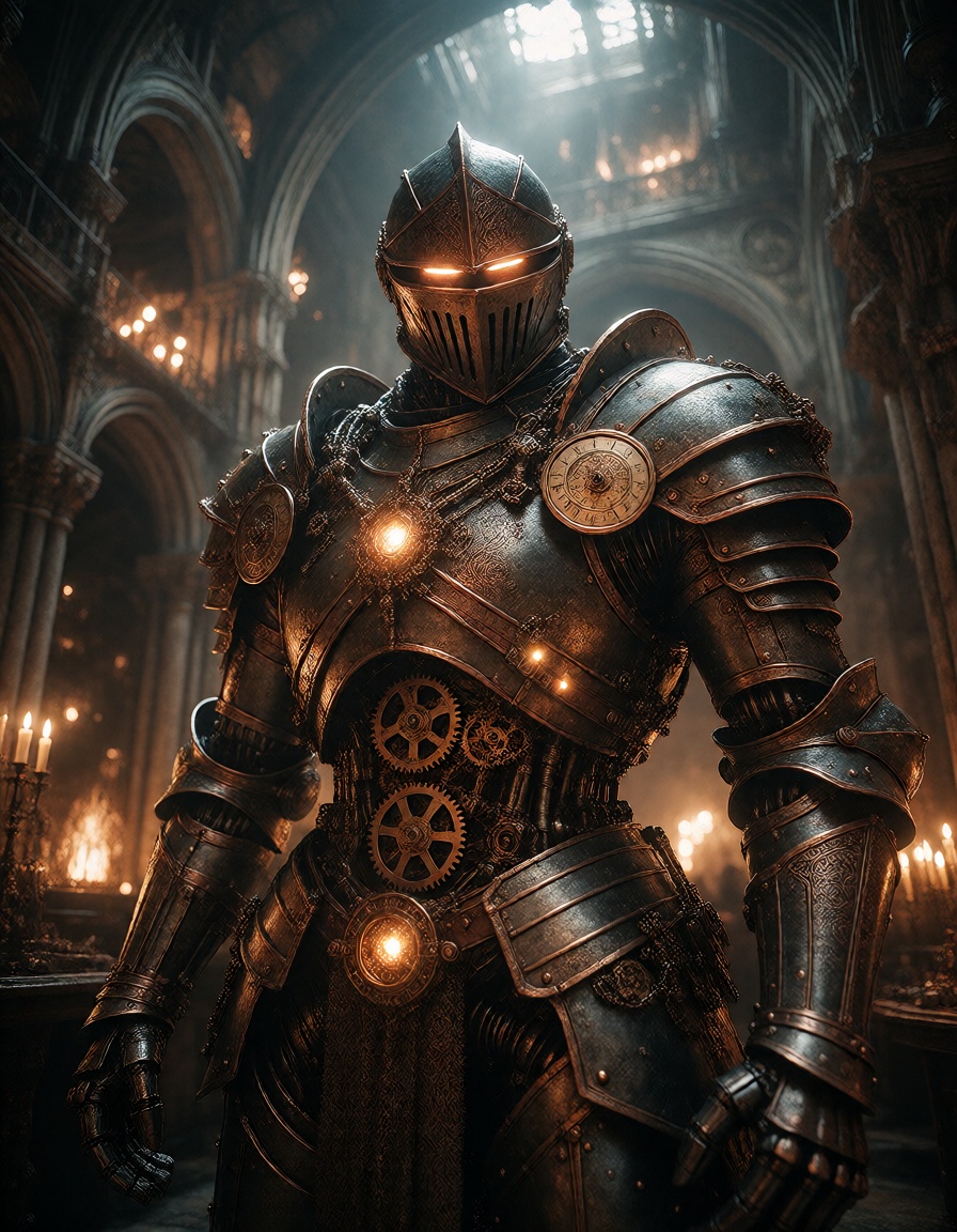 a mechanical knight with engraved copper armor and exposed gears,  with black lacquer synthetic surfaces and jewel-like in...