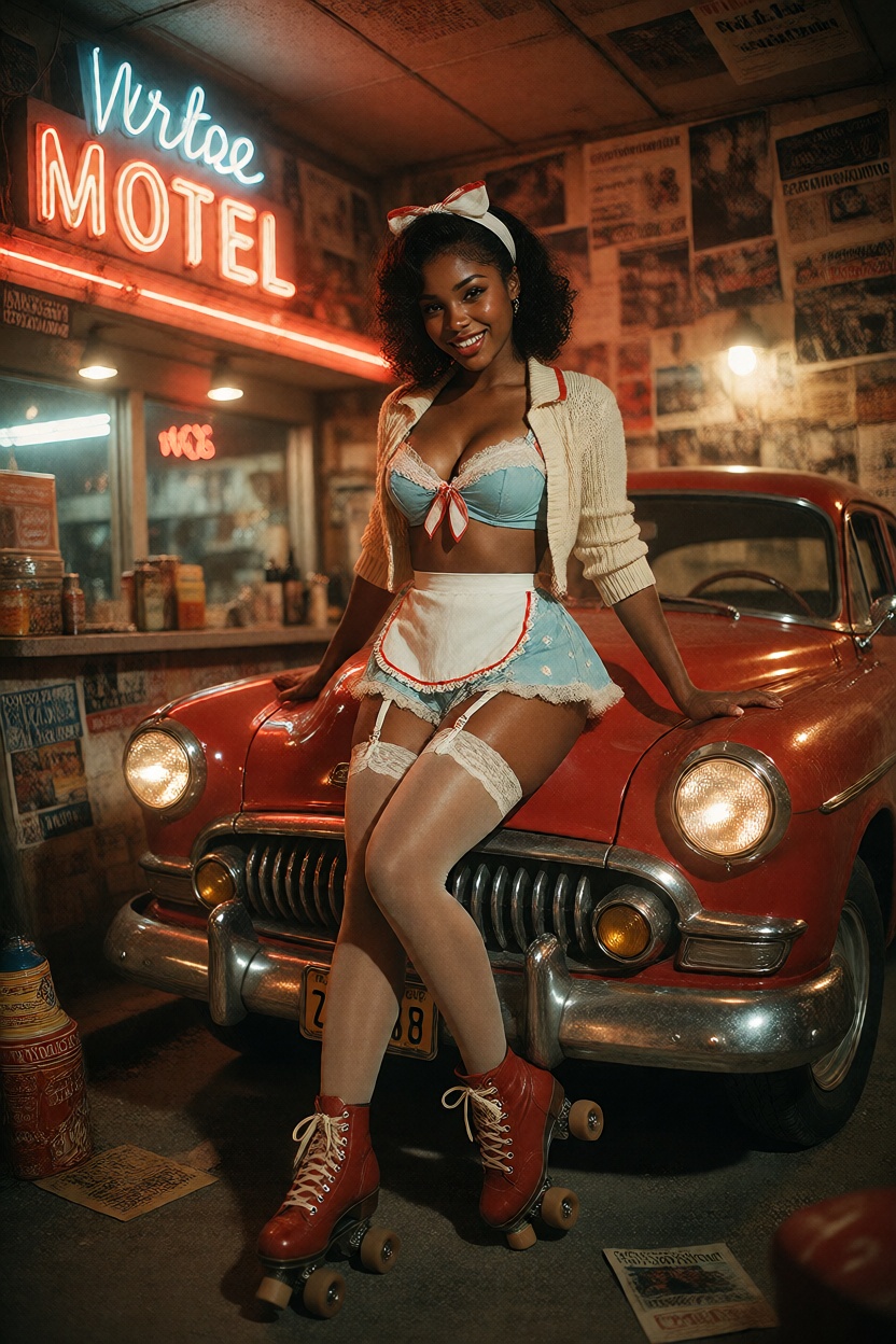 a playful retro pinup roller-skating waitress with bright charisma,  with rich ebony skin and refined low-light sheen,  le...