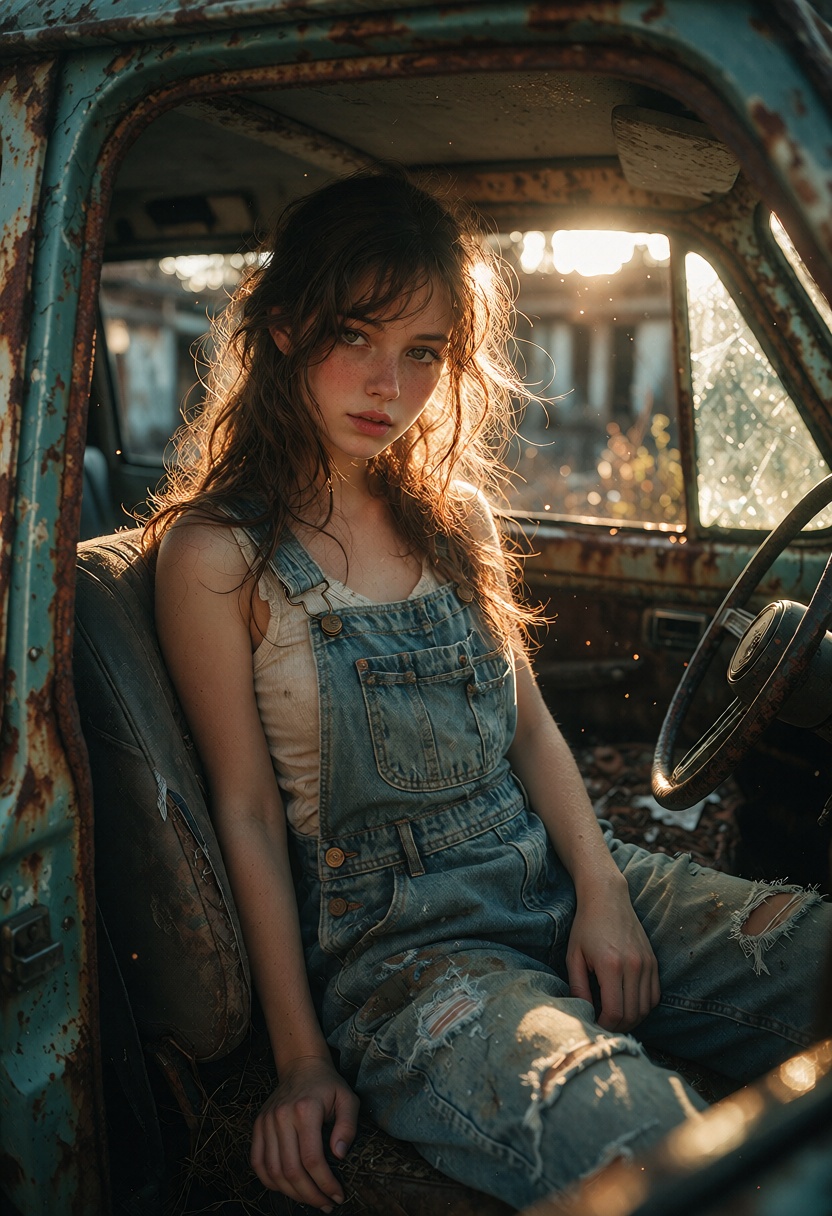 DRKM4GE,  A young woman sits inside the front cabin of an old abandoned turquoise vehicle,  framed through the open side w...