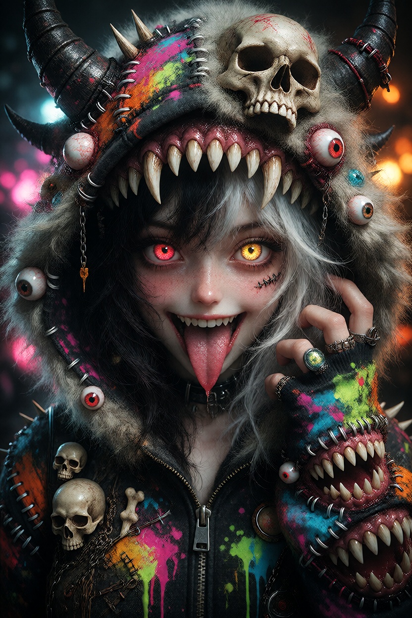 Create an extremely detailed 2D anime illustration in a grotesque-kawaii monster-punk aesthetic. The subject is a beautifu...
