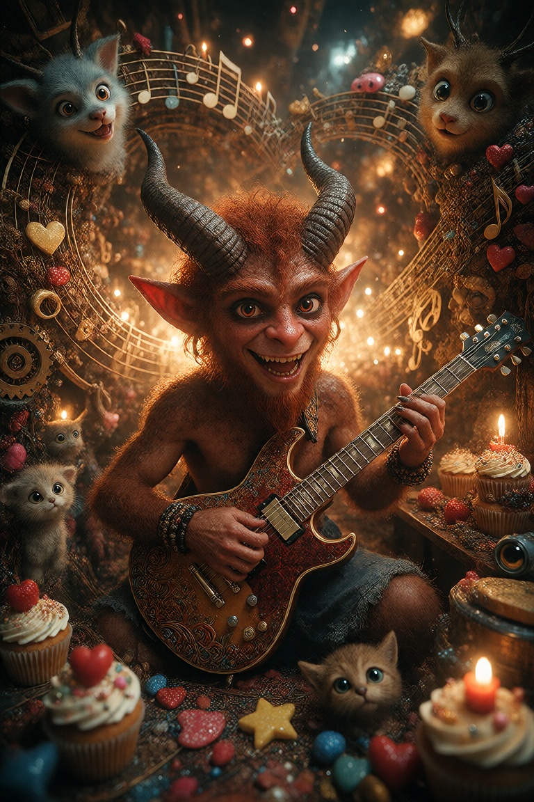 DecoDaal,  A smiling demon plays an electric guitar at the center of an elaborate collection of musical notes,  cartoon fa...