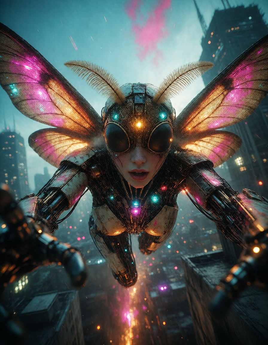 a cyber-organic moth queen with exposed circuitry,  sensor eyes and trailing cables,  with gold-plated facial panels and l...