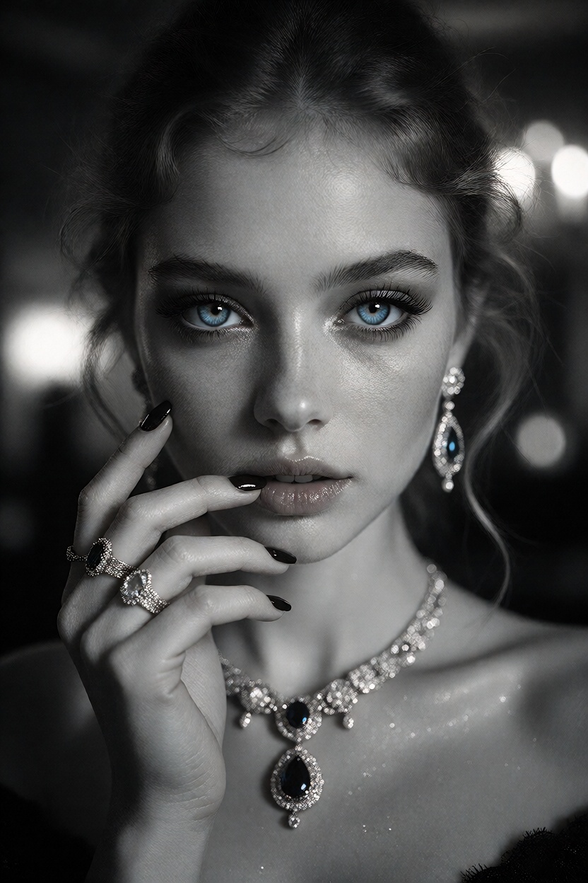 A luxury fashion portrait of a beautiful ***** woman,  black and white image with only her eyes in vivid blue,  elegant de...