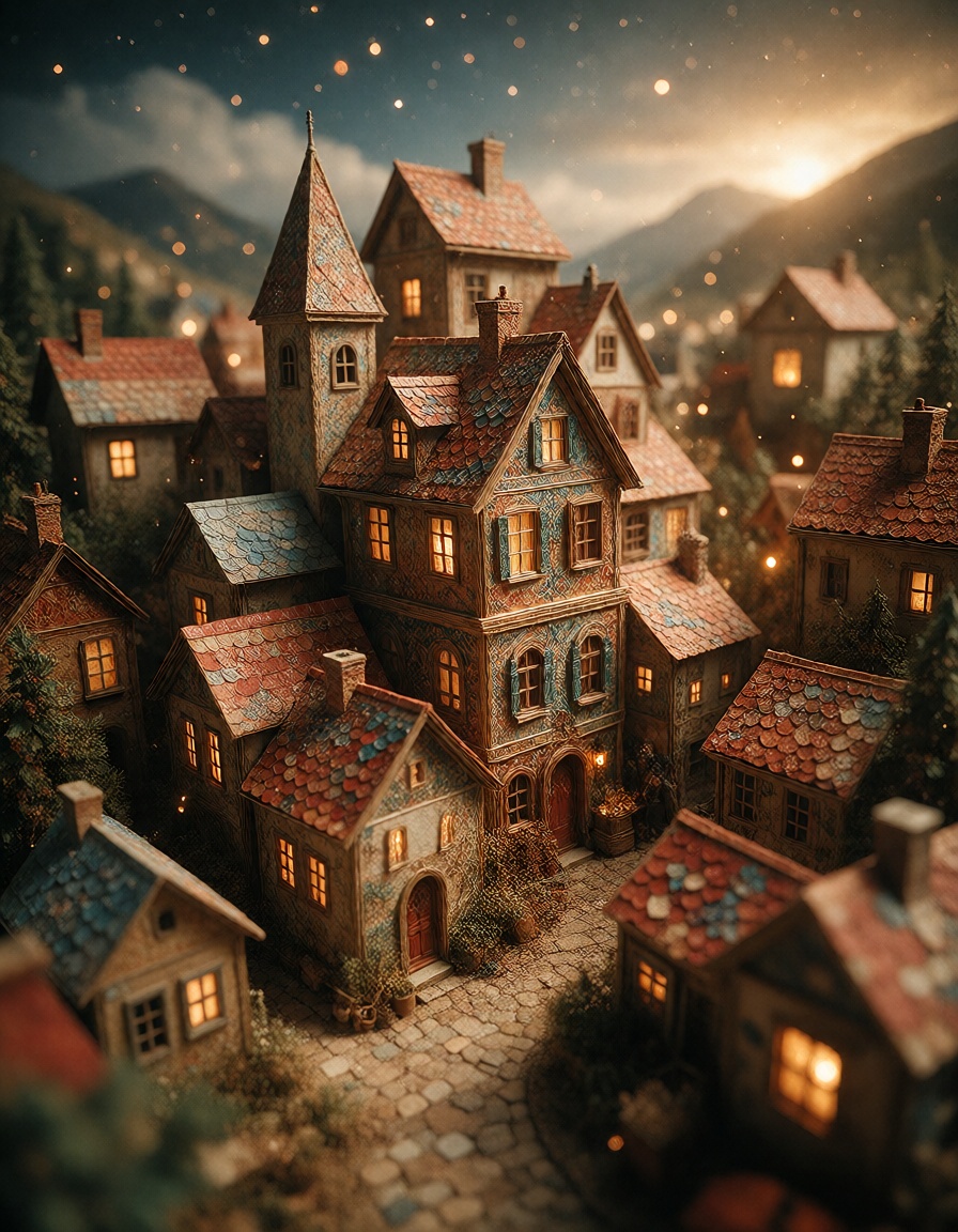 a tiny paper town with stacked houses and cutout trees,  with richly patterned hide and visually distinctive coloration,...