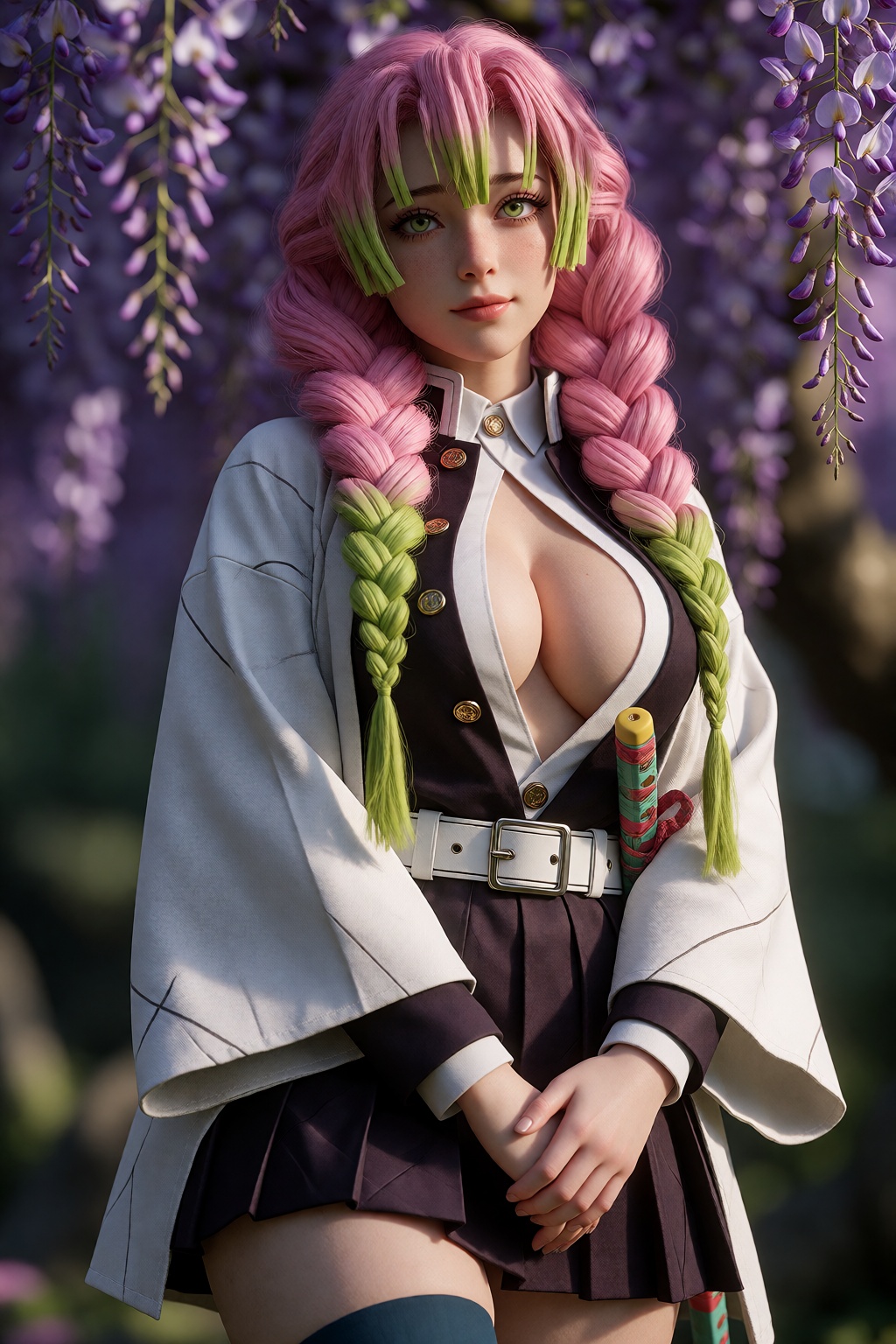 Hyper-realistic cinematic portrait of ***** Mitsuri Kanroji,  rendered in ultra-detailed 3DCG with high-end game CGI quali...