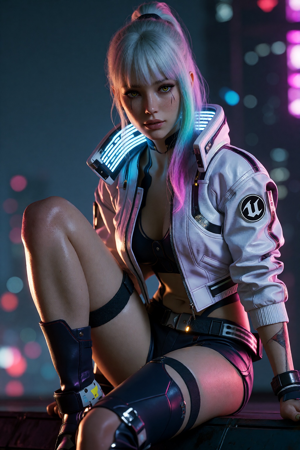 Hyper-realistic cinematic portrait of ***** Lucy from Cyberpunk: Edgerunners,  rendered in ultra-detailed 3DCG with high-e...