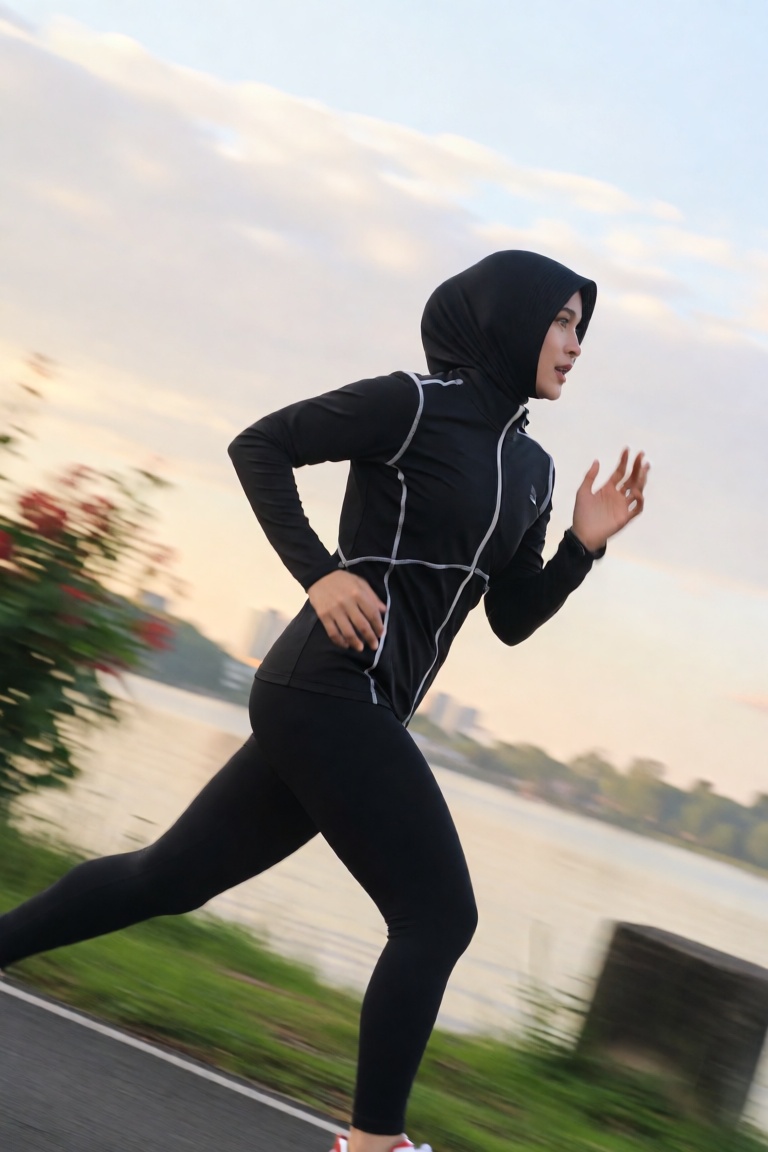 A Dutch angle mid-shot of a dynamic Indonesian woman in her mid-run,  capturing her side profile as she looks afar with a...
