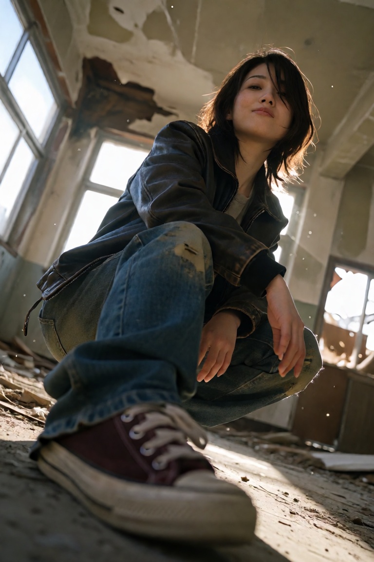 A full-body portrait of a Japanese woman squatting with a smug expression. She wears a leather jacket and weathered denim...