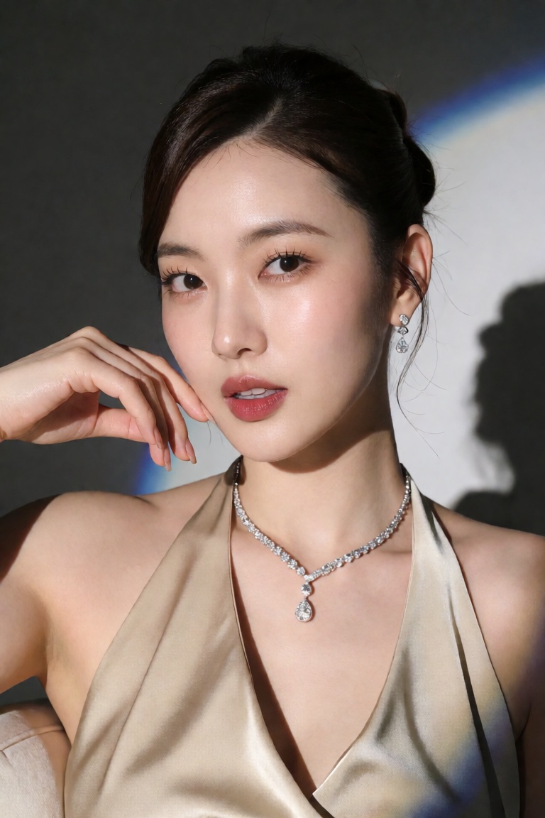 A portrait of an upper-body shot of a Korean woman embodying ulzang beauty. She has fair,  white skin and wears her hair i...