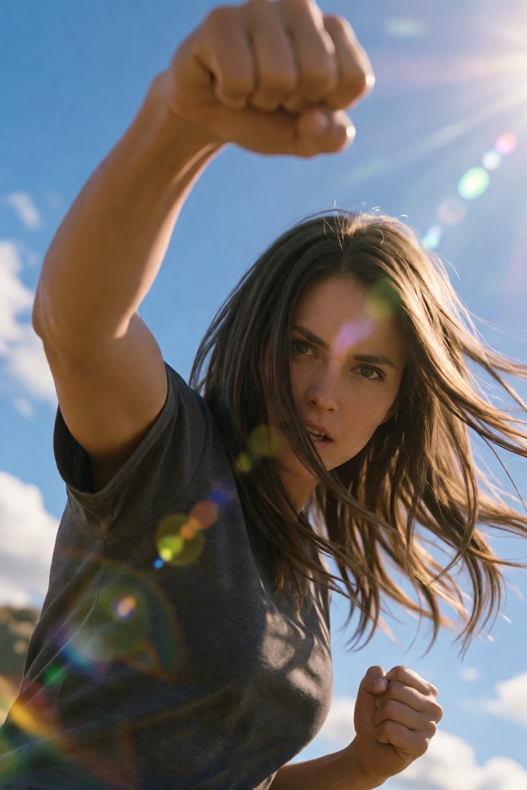 A realistic scene of a woman raising her right arm in a powerful punching motion above her head,  with medium-length strai...