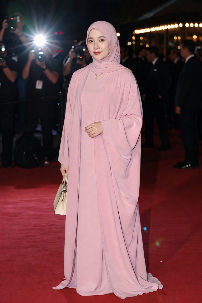 A full-body,  three-quarter view image of a Japanese woman with white fair skin and subtle makeup. She wears a pink hijab...