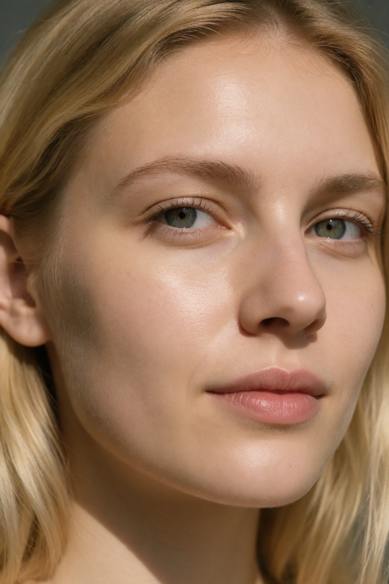 A close-up image of a blonde woman with natural lighting focusing on her flawless skin complexion,  emphasizing the subtle...