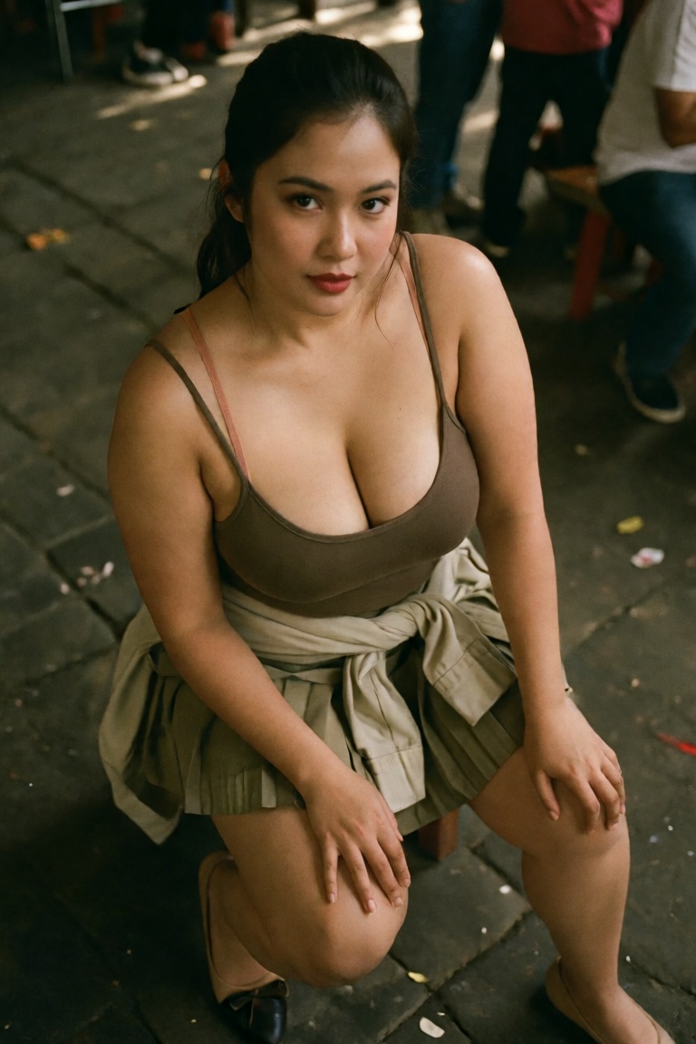 A voluptuous Indonesian woman with a ponytail,  looking directly at the viewer,  wearing a tanktop with spaghetti straps a...