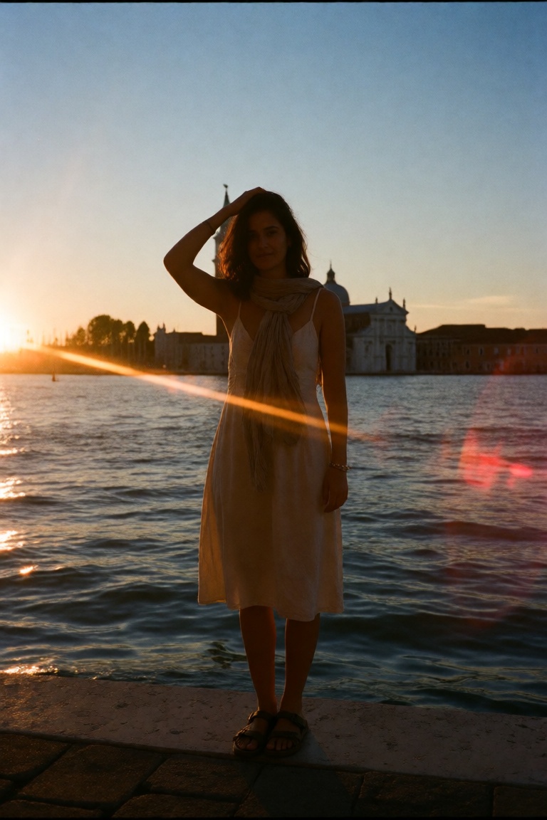 An analog film portrait using Kodak Ektachrome 64. Capture Reena,  a brunette woman with medium-length hair,  in a full-bo...