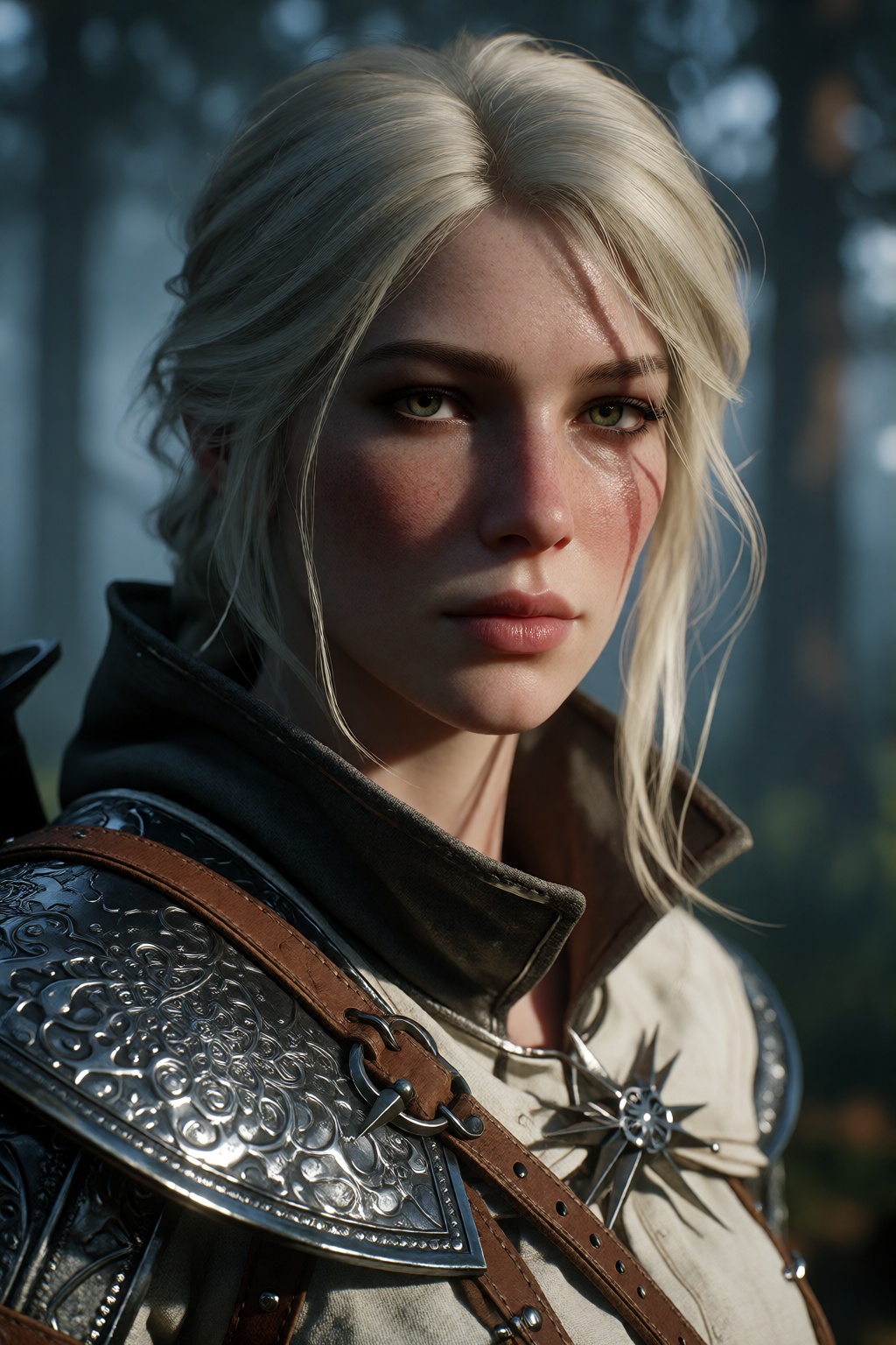 hyper-realistic full-body cinematic portrait of Ciri from The Witcher 3,  rendered in ultra-detailed 3DCG with high-end ga...