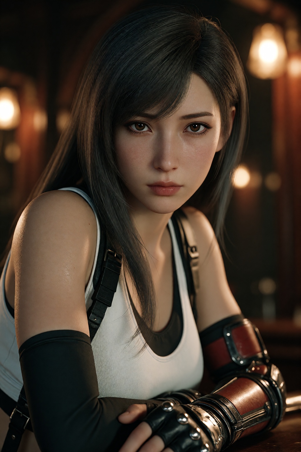 hyper-realistic cinematic portrait of Tifa Lockhart from Final Fantasy VII,  rendered in ultra-detailed 3DCG with high-end...