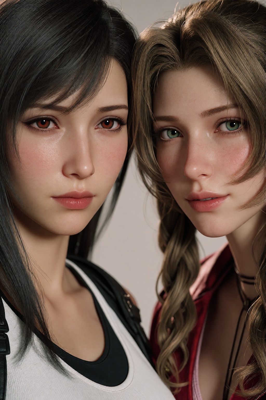 Hyper-realistic close cinematic render of ***** Tifa Lockhart and ***** Aerith Gainsborough,  Unreal Engine 5 game CGI. Sh...