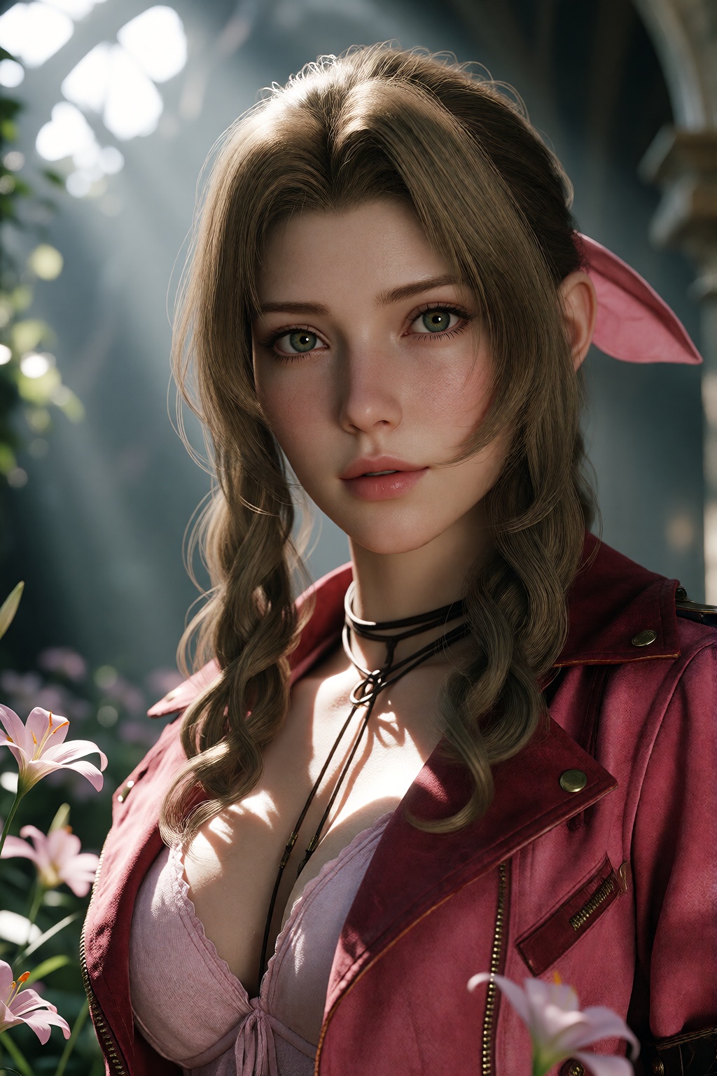 hyper-detailed Blender 3D portrait of Aerith Gainsborough from Final Fantasy VII. She stands among flowers in a ruined chu...