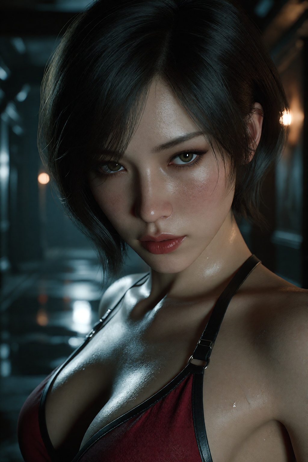 hyper-detailed Blender 3D portrait of Ada Wong from Resident Evil. She stands in a dark hallway,  pistol low,  looking at...