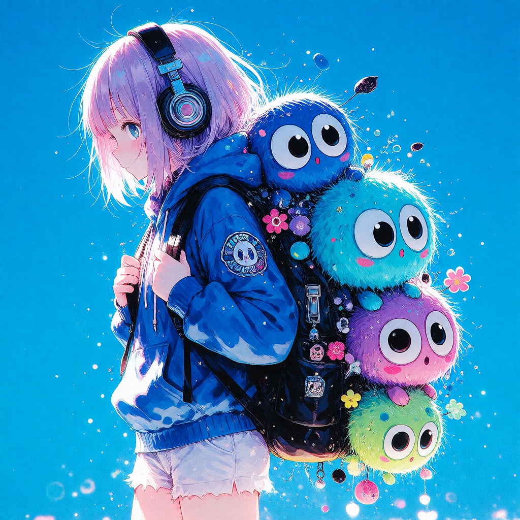 The image depicts a young girl with light purple hair wearing a blue hoodie and white shorts. She is carrying a backpack a...