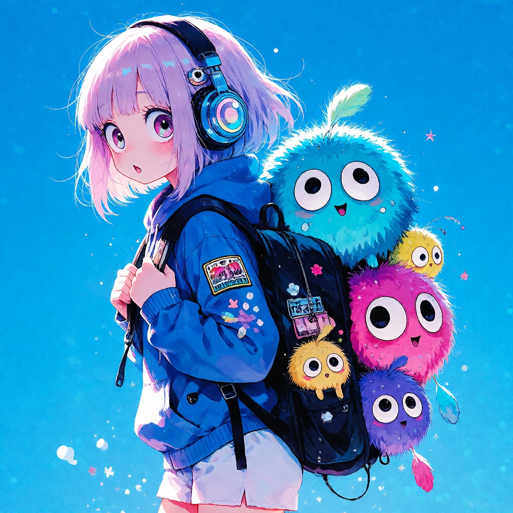 The image depicts a young girl with light purple hair wearing a blue hoodie and white shorts. She is carrying a backpack a...