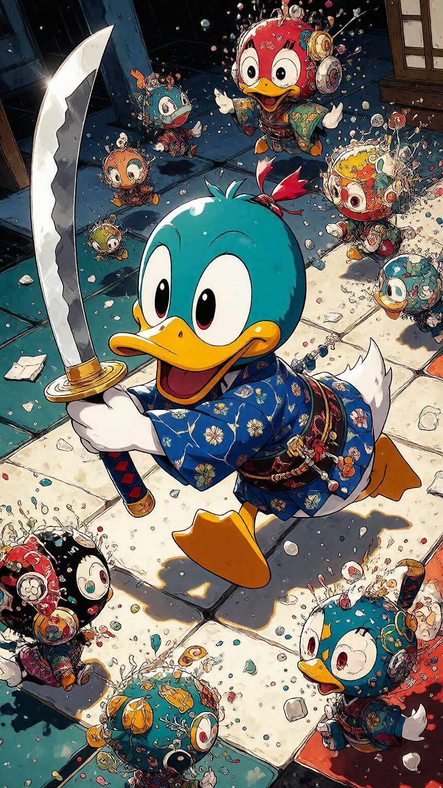 The image depicts a dynamic and colorful scene featuring a cartoon duck character in a blue kimono,  wielding a large kata...