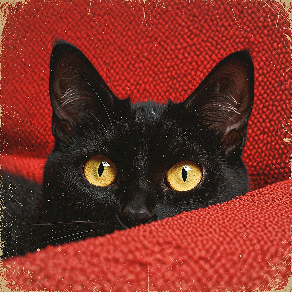 The image features a black cat with striking yellow eyes,  peering out from behind a textured,  red surface. The cat's ear...