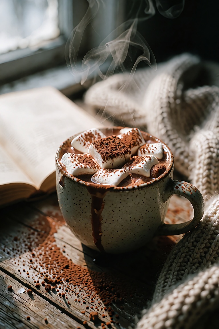 A rustic handmade ceramic mug filled with rich hot chocolate,  topped with melting marshmallows and a dusting of cocoa pow...
