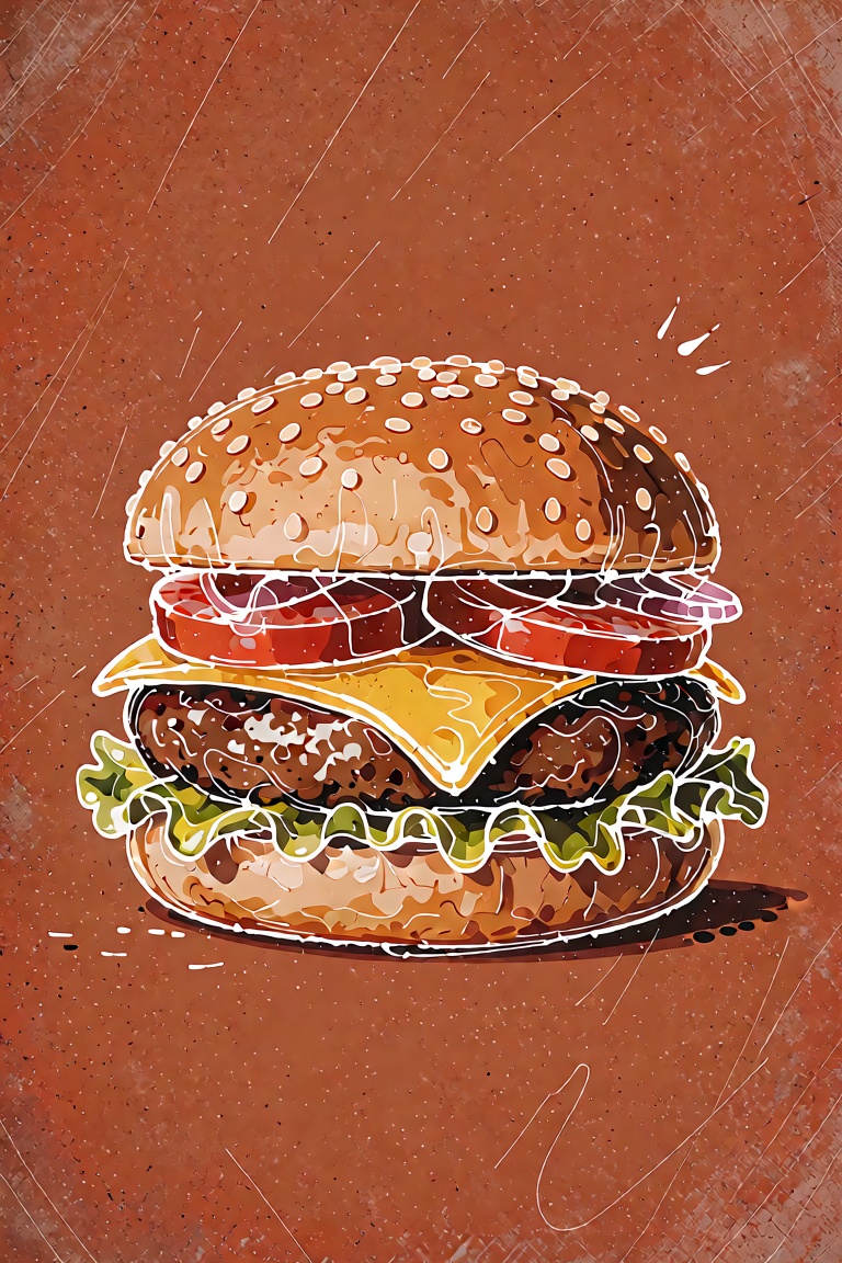 A whimsical single-line drawing of a burger with a loose,  sketchy style,  featuring wobbly contours and visible hand-draw...