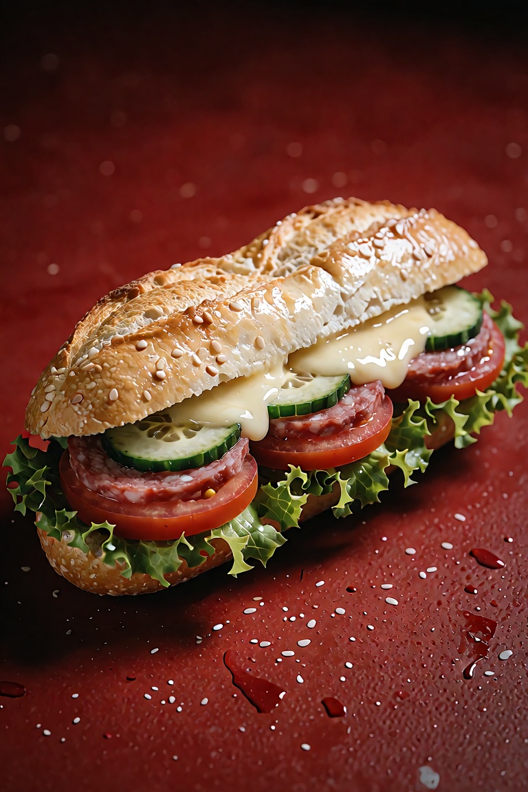isometric photography of delicious baguette sandwich lay on flat ground in studio,  it contain (lettuce,  sliced tomato an...