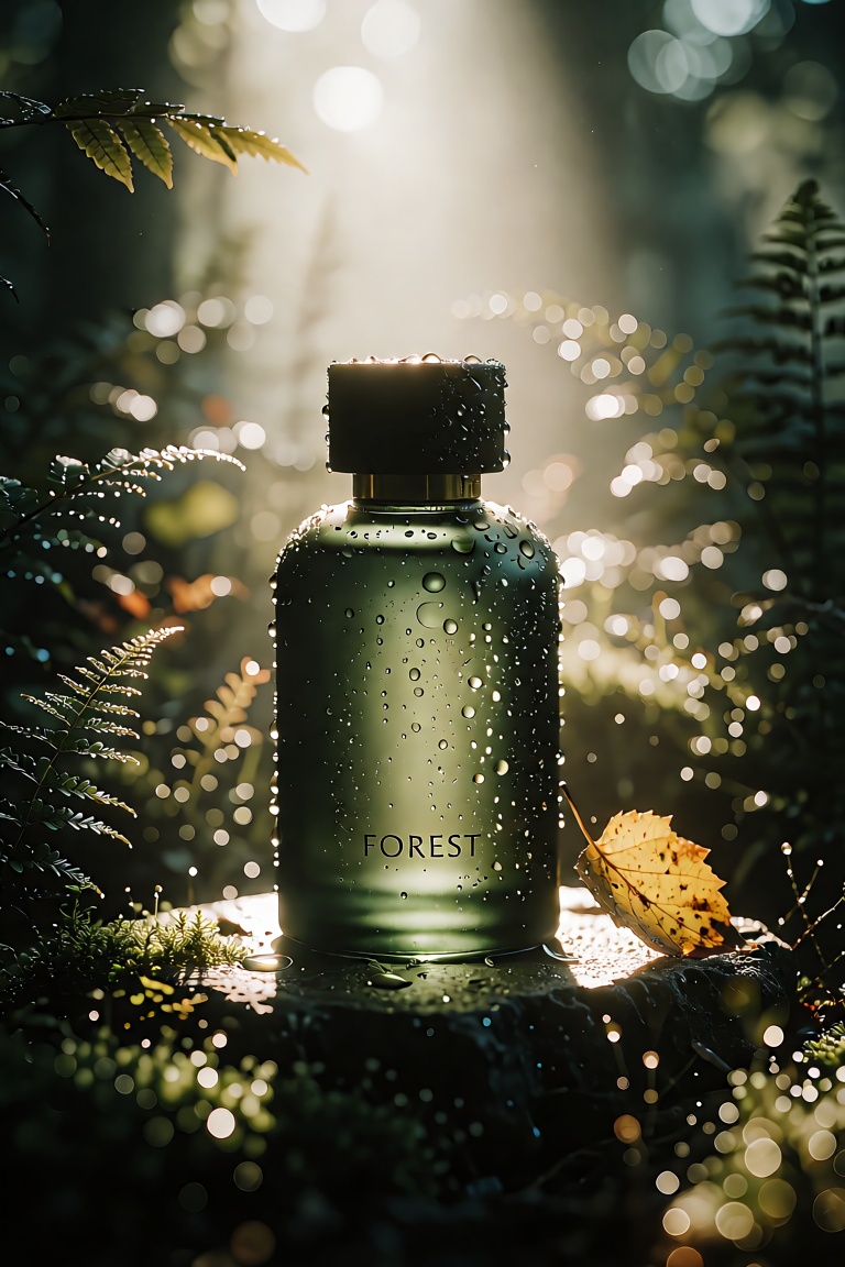 a matte dark green glass product bottle with gold accents,  lightly covered in realistic water droplets,  placed on a smoo...