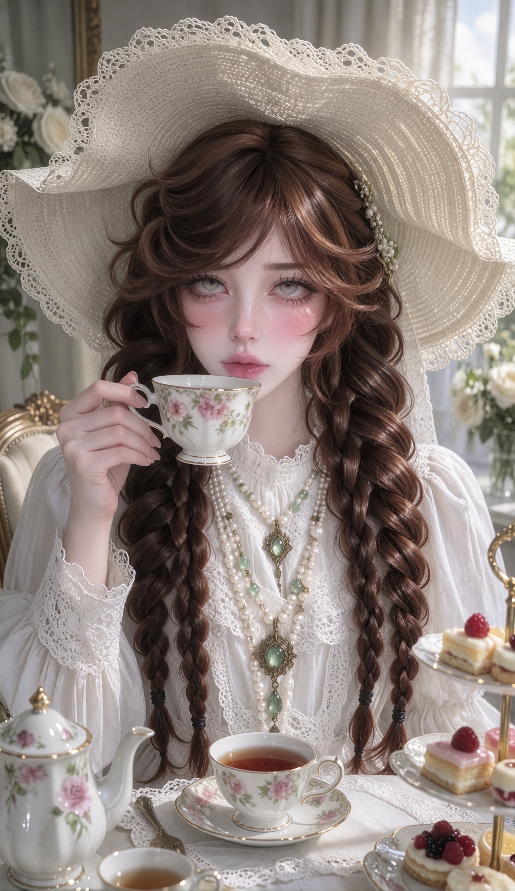 solo,  young woman,  seated at an elegant vintage tea table on Tensor.Art