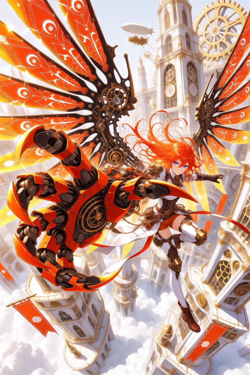 Create an extremely detailed,  vibrant 2D anime illustration of a beautiful ***** steampunk heroine flying through a magni...