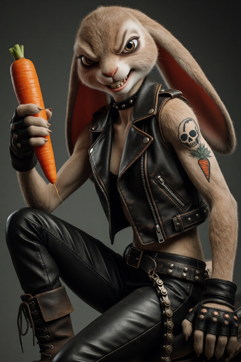 A highly detailed photorealistic image of an anthropomorphic rabbit woman with a lean,  athletic build,  long floppy ears...