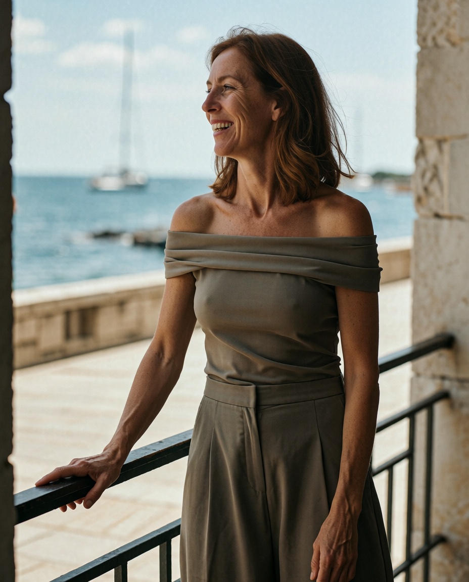 an ***** woman with shoulder-length chestnut hair and a bright candid smile,  wearing a stylish off-shoulder top and wide-...