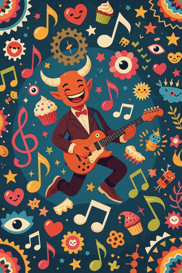DecoDaal,  A smiling demon plays an electric guitar at the center of an elaborate collection of musical notes,  cartoon fa...