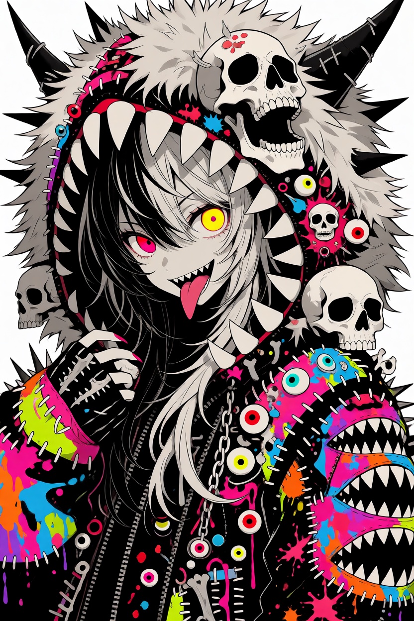 Create an extremely detailed 2D anime illustration in a grotesque-kawaii monster-punk aesthetic. The subject is a beautifu...