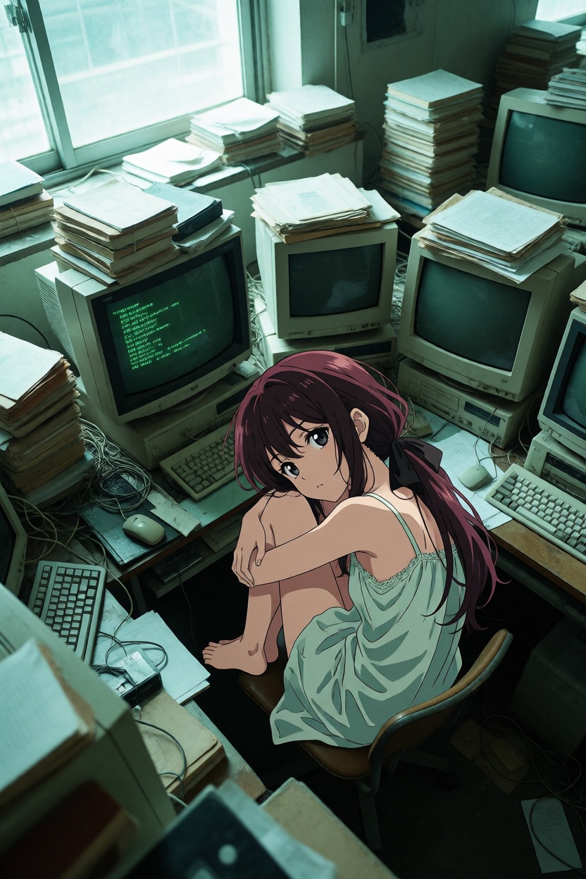 A striking hybrid composition featuring a beautiful young ***** woman rendered entirely in pure 2D cel-anime style,  sitti...