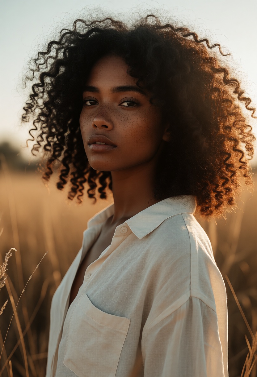 a young woman with deep brown skin and tightly coiled black hair lit by late golden-hour sun,  freckles across her nose an...