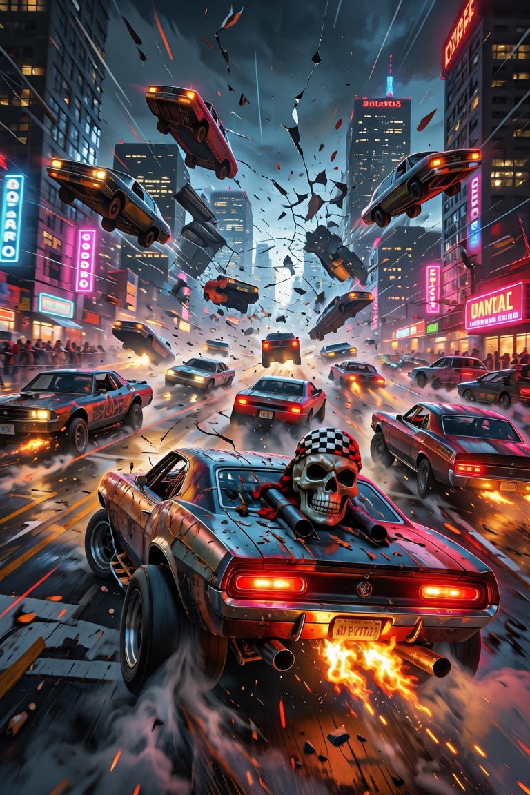 A chaotic cityscape bathed in the neon glow of streetlights is torn apart by a wild street race,  cars launching off ramps...