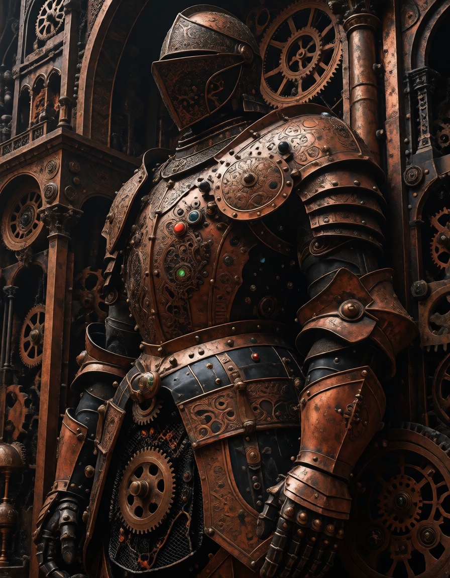 a mechanical knight with engraved copper armor and exposed gears,  with black lacquer synthetic surfaces and jewel-like in...